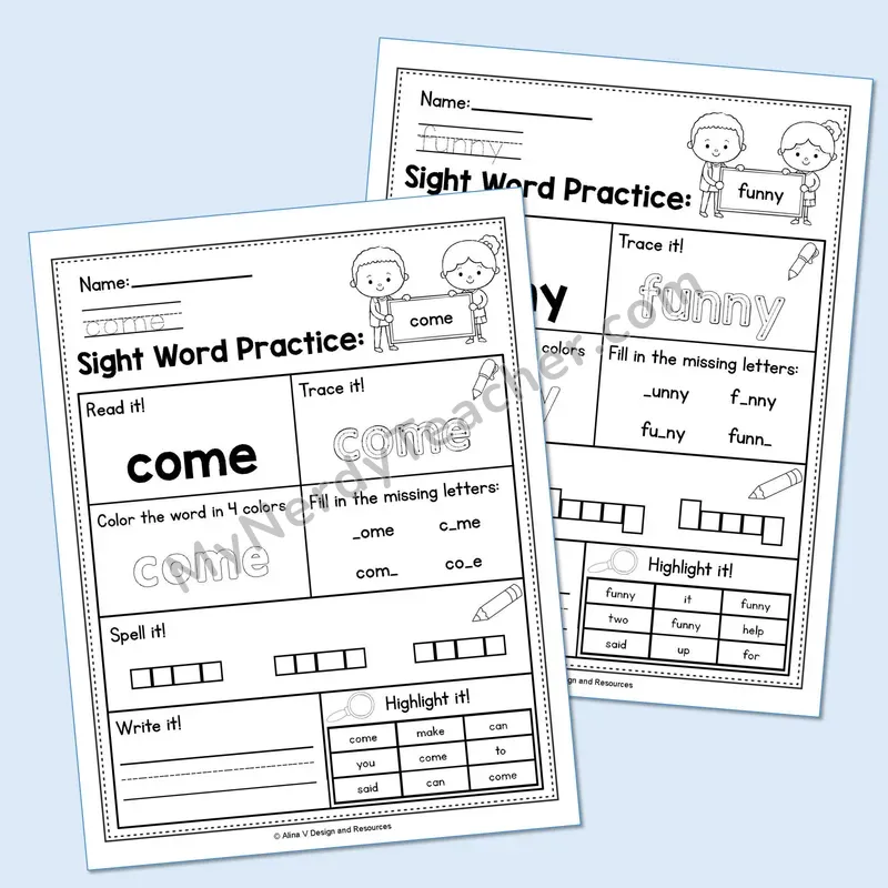 Sight Word Practice Worksheets — Words Trace, Find & Write Sight Words