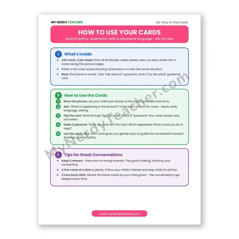 SEL Conversation Cards Teacher Guide - How to Use and Print Directions