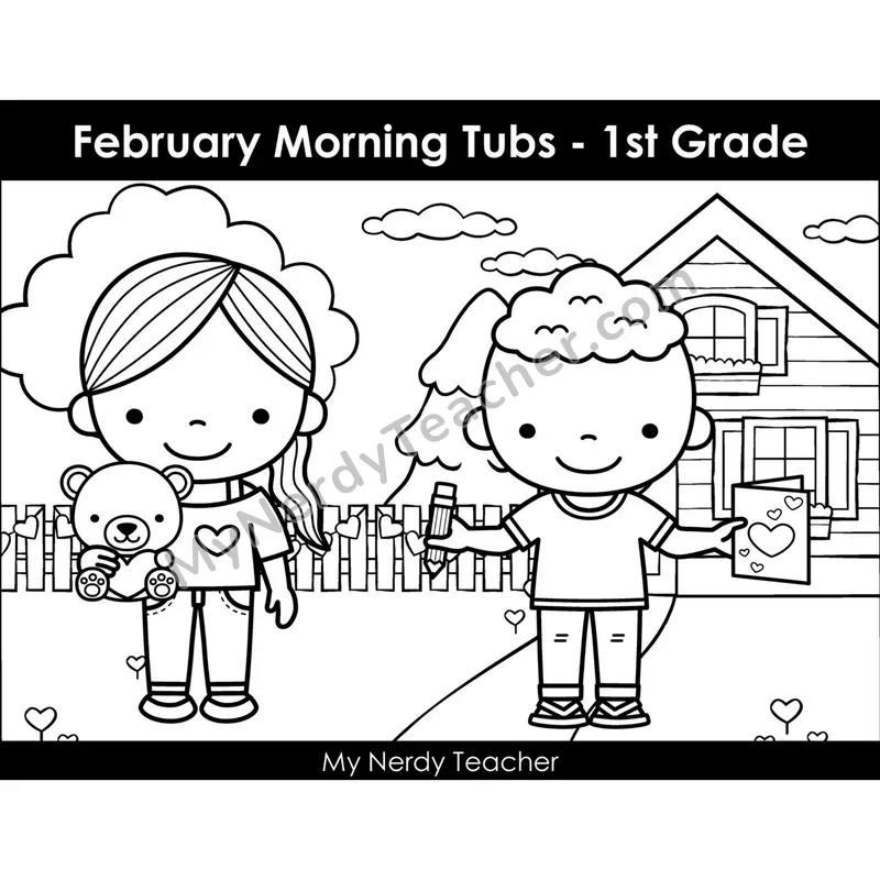 February Morning Bins — 24 Literacy & Math Centers (B&W)