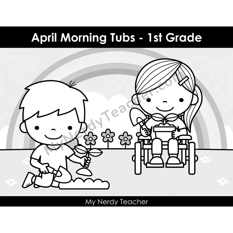 April Morning Bins — 24 Literacy & Math Centers (B&W)
