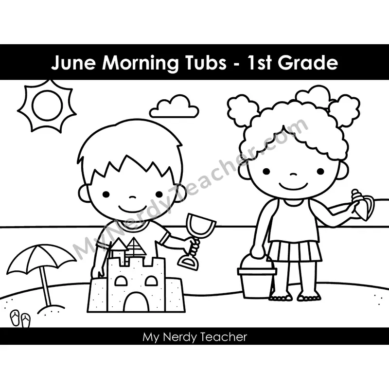 June Morning Bins — 24 Literacy & Math Centers (B&W)