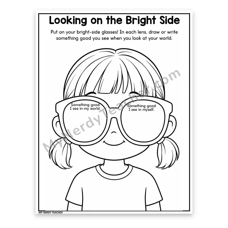 Positive Thinking Worksheet — Bright Side Glasses, Girl Version