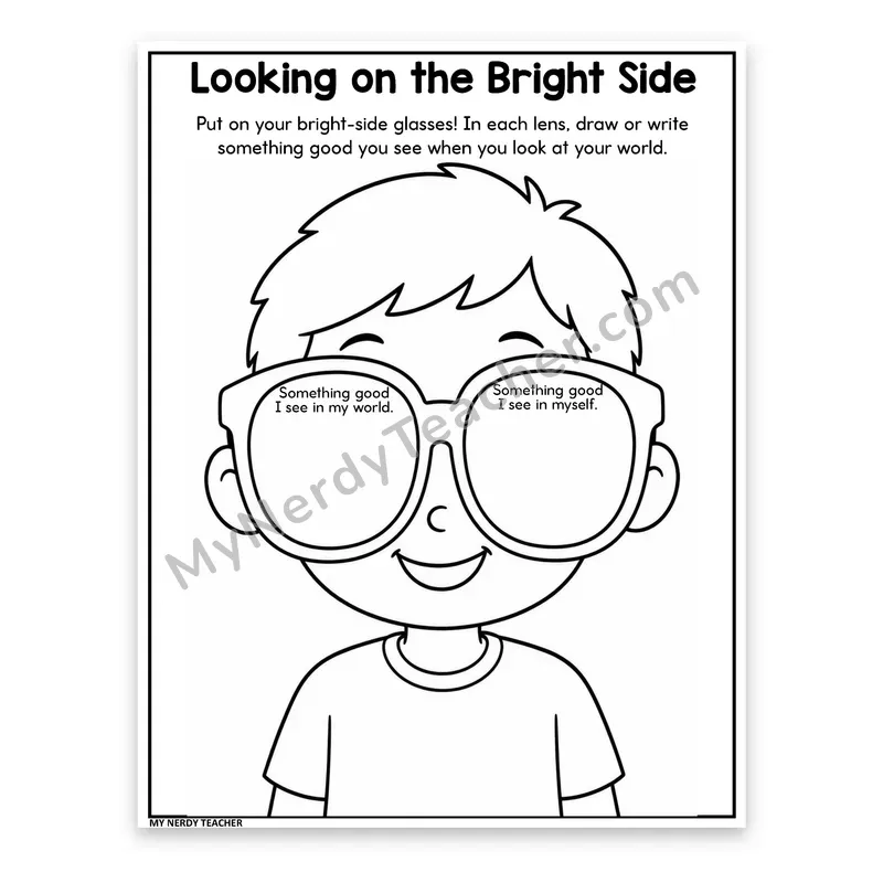 Positive Thinking Worksheet — Bright Side Glasses, Boy Version
