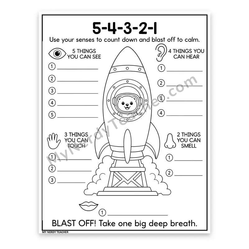 5-4-3-2-1 Grounding Worksheet — Rocket Blast Off to Calm