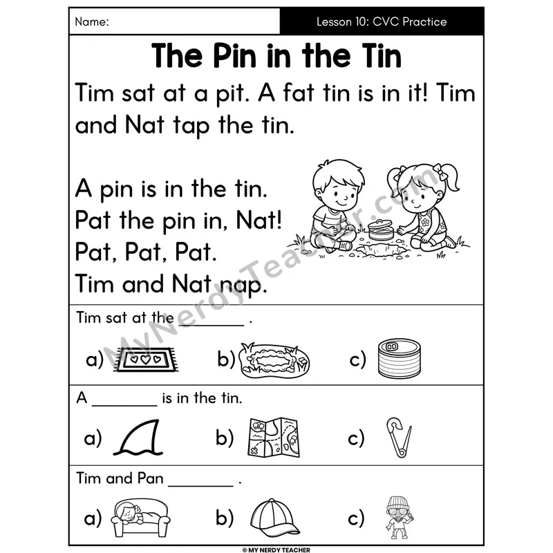 CVC Practice Decodable Passage - The Pin in the Tin (Picture Choices)