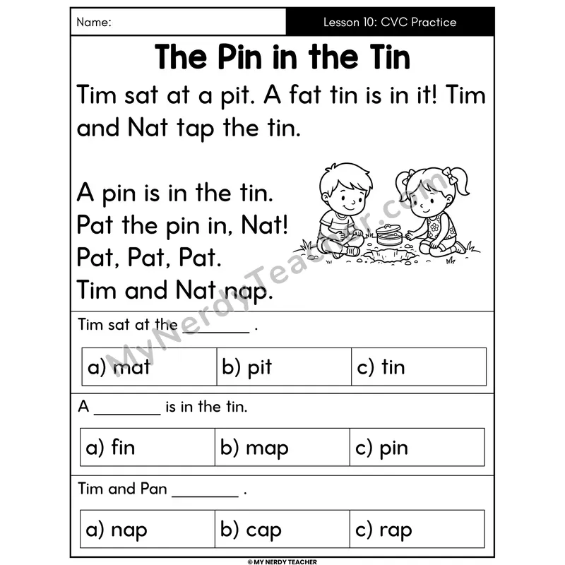 CVC Practice Decodable Passage - The Pin in the Tin (Multiple Choice)
