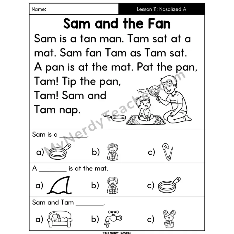 Nasalized A am and an Decodable Passage - Sam and the Fan (Picture Choices)