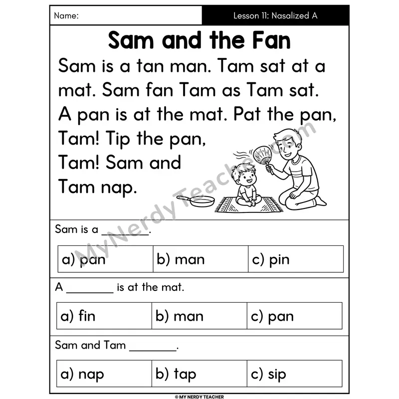 Nasalized A am and an Decodable Passage - Sam and the Fan (Multiple Choice)