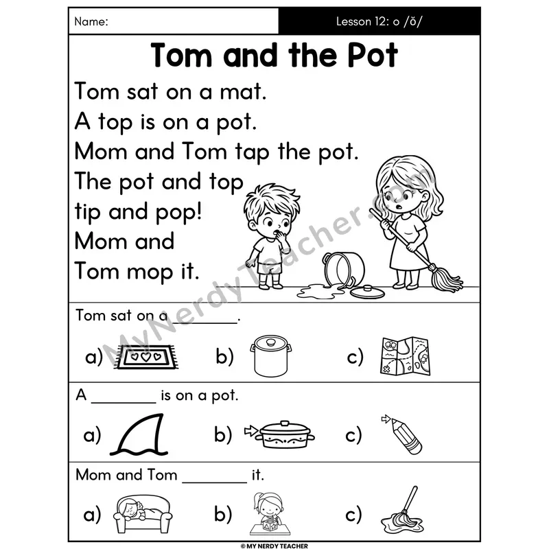 Short O Decodable Passage - Tom and the Pot (Picture Choices)