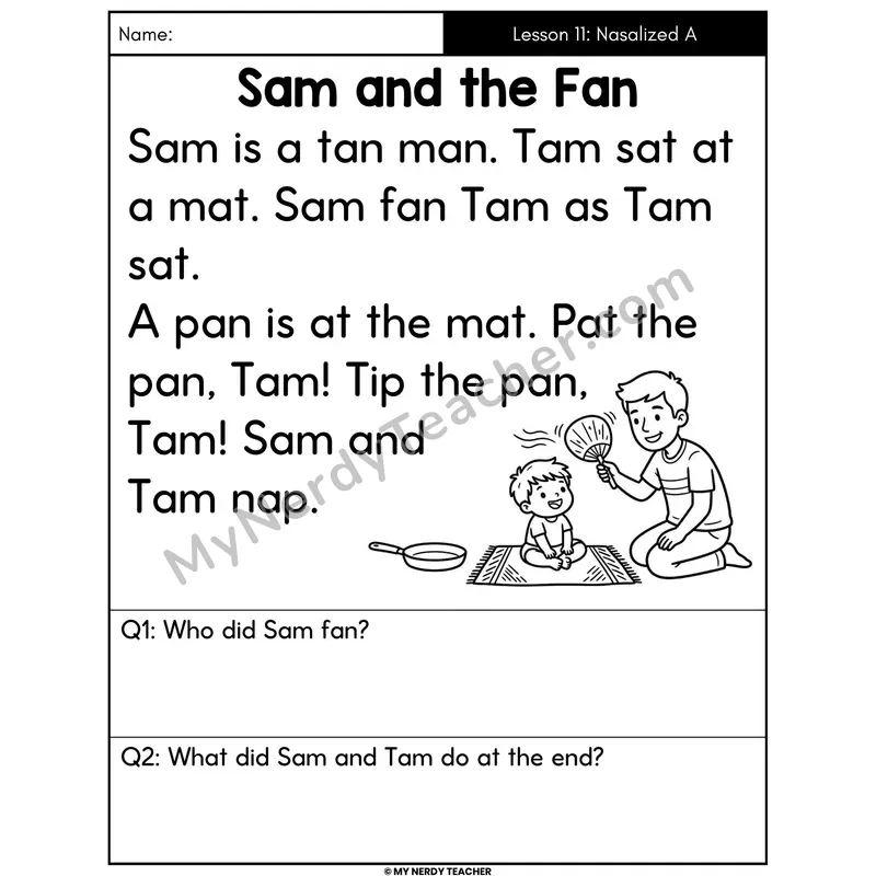 Nasalized A am and an Decodable Passage - Sam and the Fan (Answer Boxes)