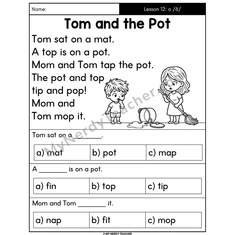 Short O Decodable Passage - Tom and the Pot (Multiple Choice)