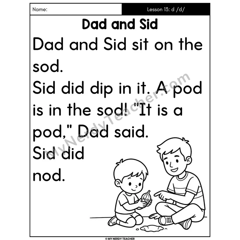 Letter D Sound Decodable Passage - Dad and Sid (Large Print)
