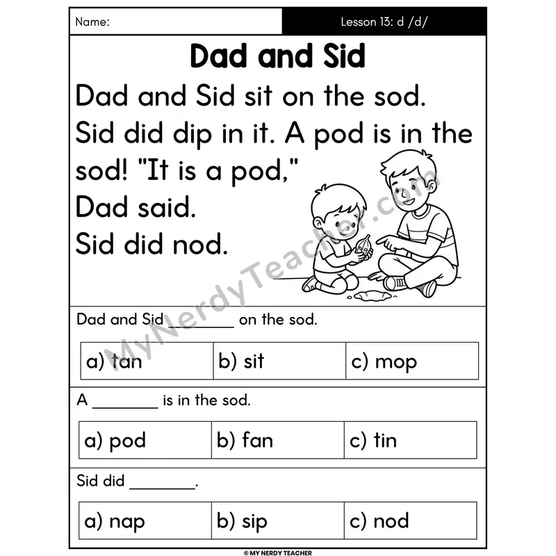 Letter D Sound Decodable Passage - Dad and Sid (Multiple Choice)