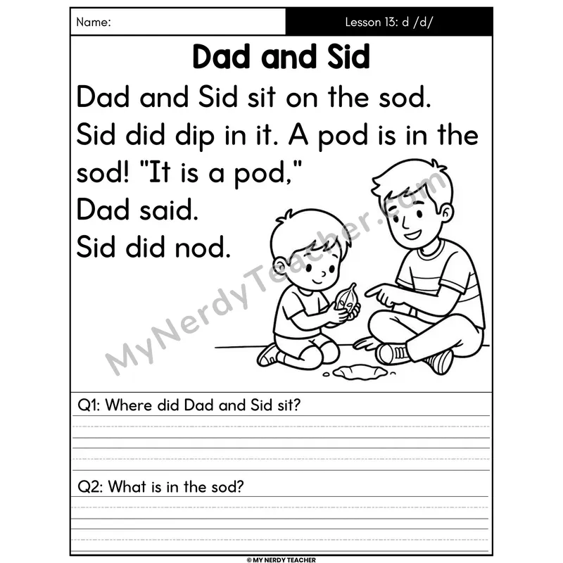 Letter D Sound Decodable Passage - Dad and Sid (Written Answers)