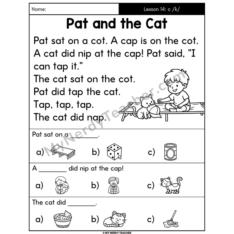 Hard C Sound Decodable Passage - Pat and the Cat (Picture Choices)