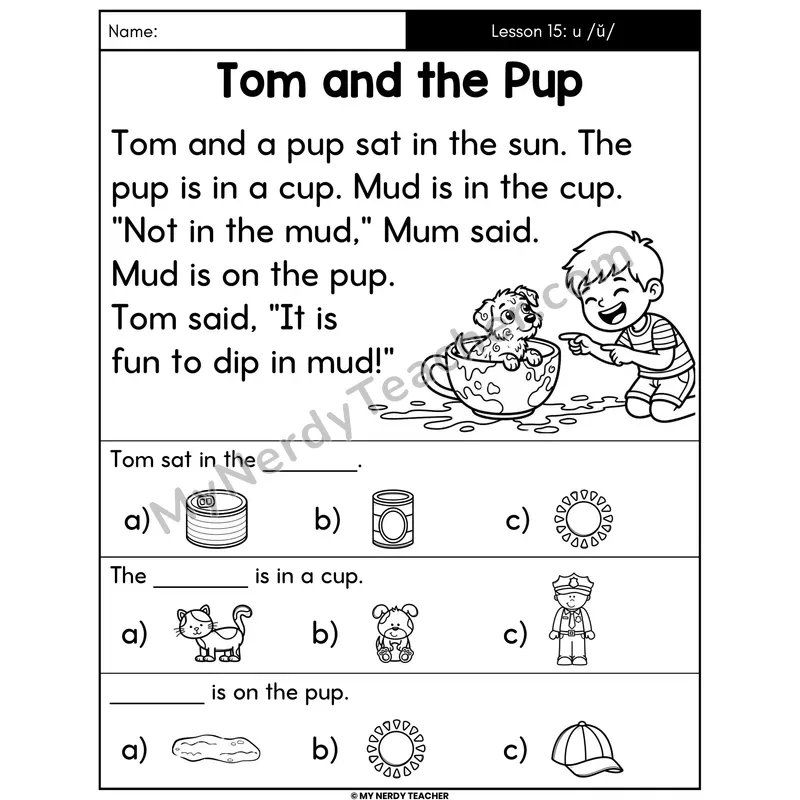 Short U Decodable Passage - Tom and the Pup (Picture Choices)
