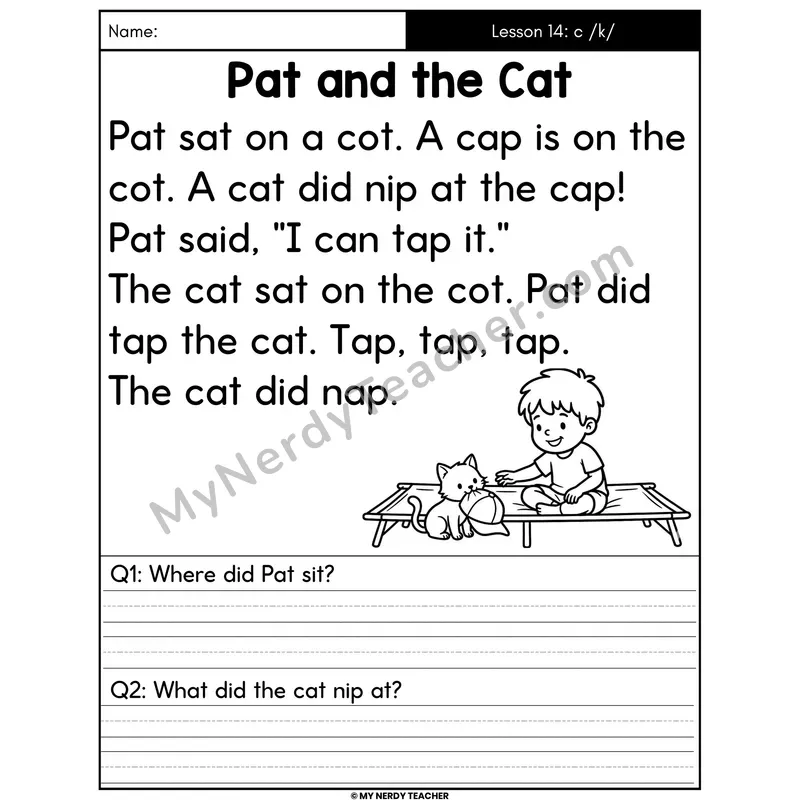 Hard C Sound Decodable Passage - Pat and the Cat (Written Answers)