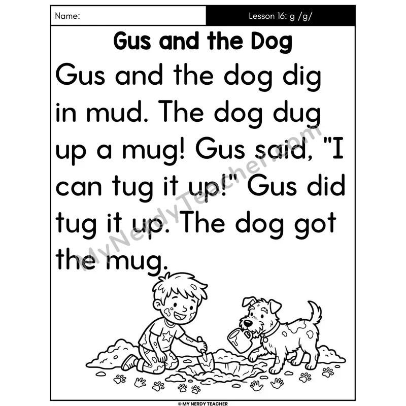 Hard G Sound Decodable Passage - Gus and the Dog (Large Print)