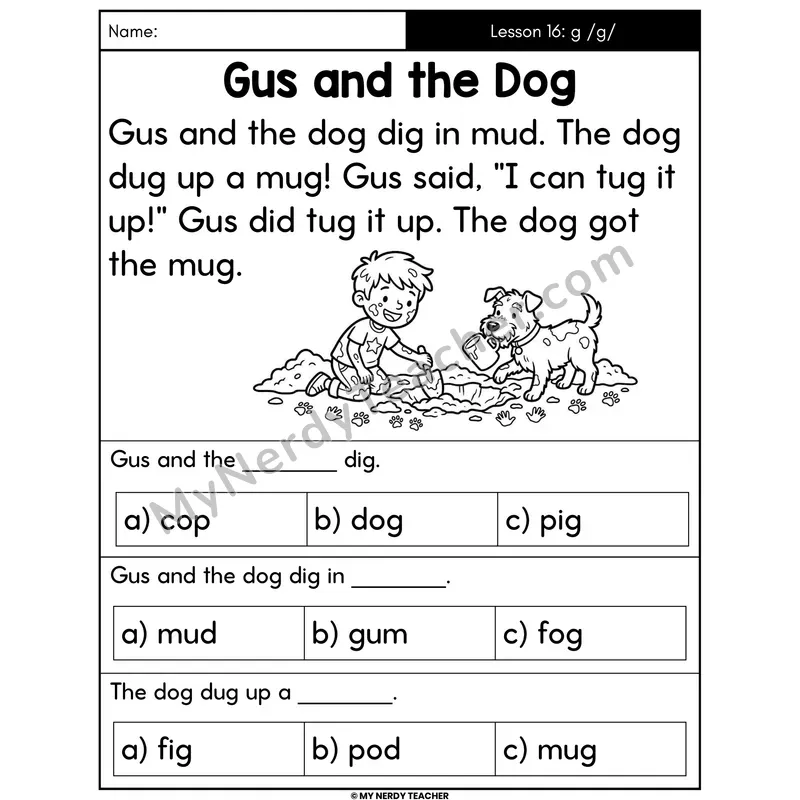 Hard G Sound Decodable Passage - Gus and the Dog (Multiple Choice)