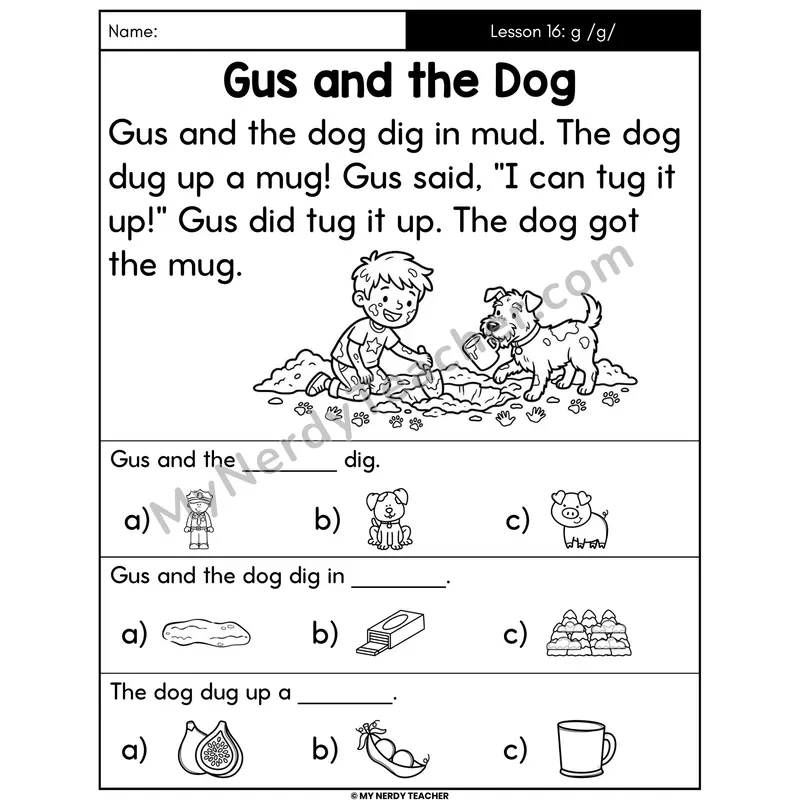 Hard G Sound Decodable Passage - Gus and the Dog (Picture Choices)