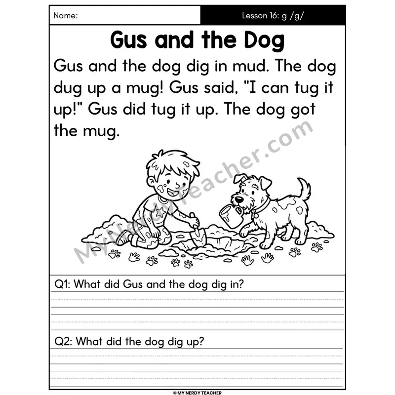 Hard G Sound Decodable Passage - Gus and the Dog (Written Answers)