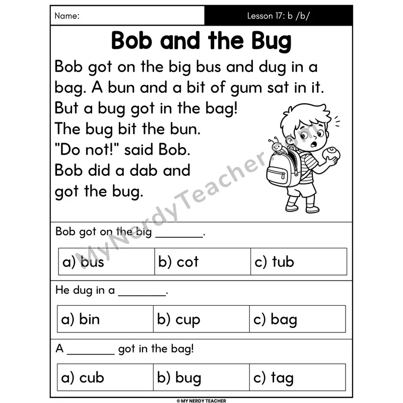 Letter B Sound Decodable Passage - Bob and the Bug (Multiple Choice)