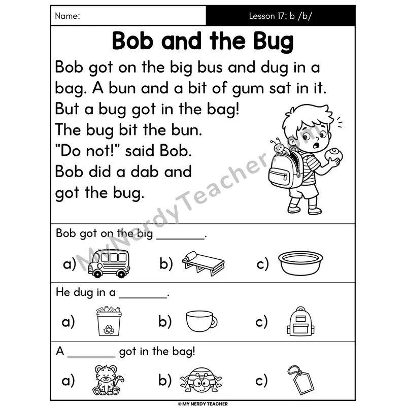 Letter B Sound Decodable Passage - Bob and the Bug (Picture Choices)