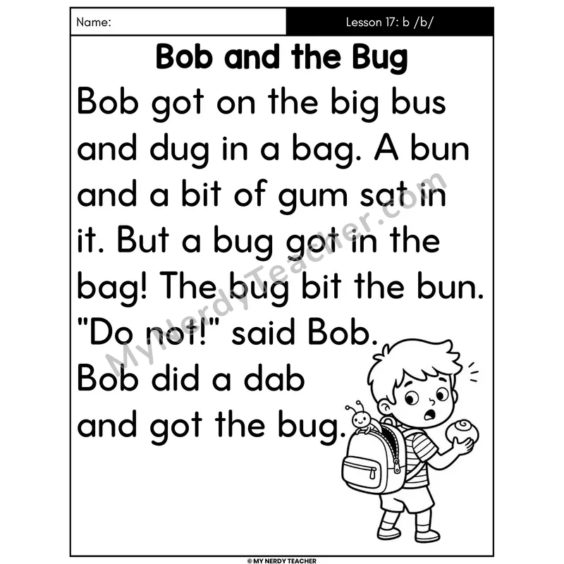Letter B Sound Decodable Passage - Bob and the Bug (Large Print)