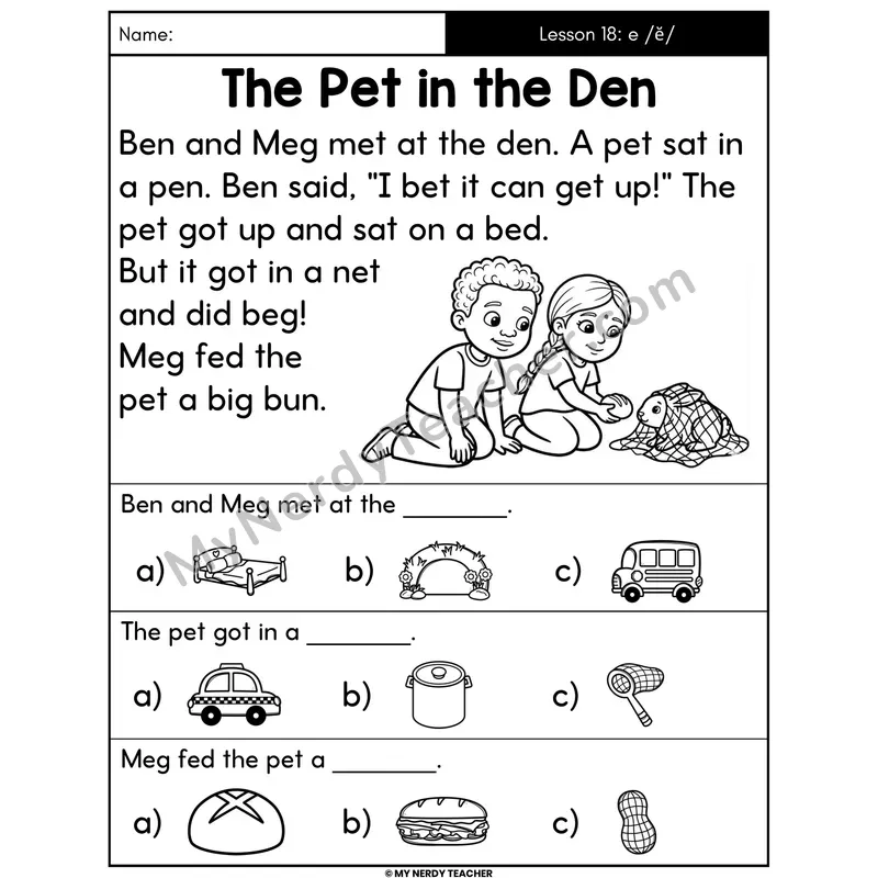 Short E Decodable Passage - The Pet in the Den (Picture Choices)