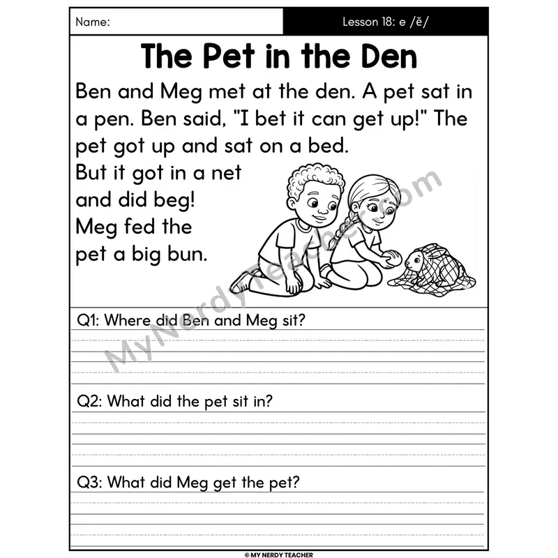 Short E Decodable Passage - The Pet in the Den (Written Answers)