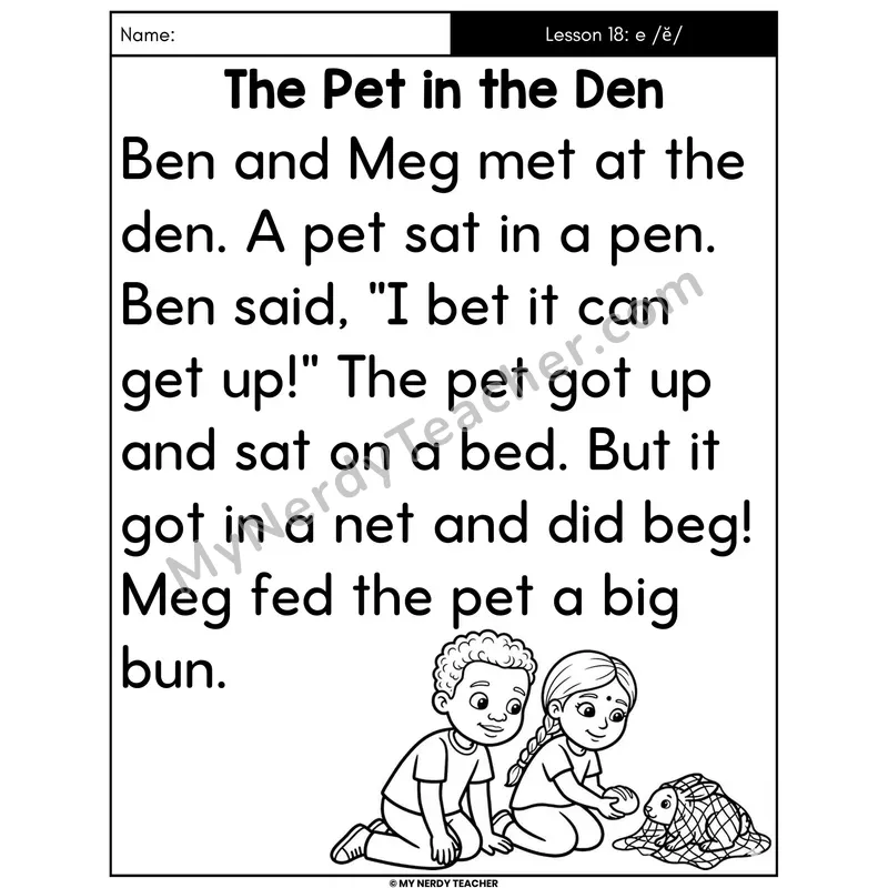 Short E Decodable Passage - The Pet in the Den (Large Print)