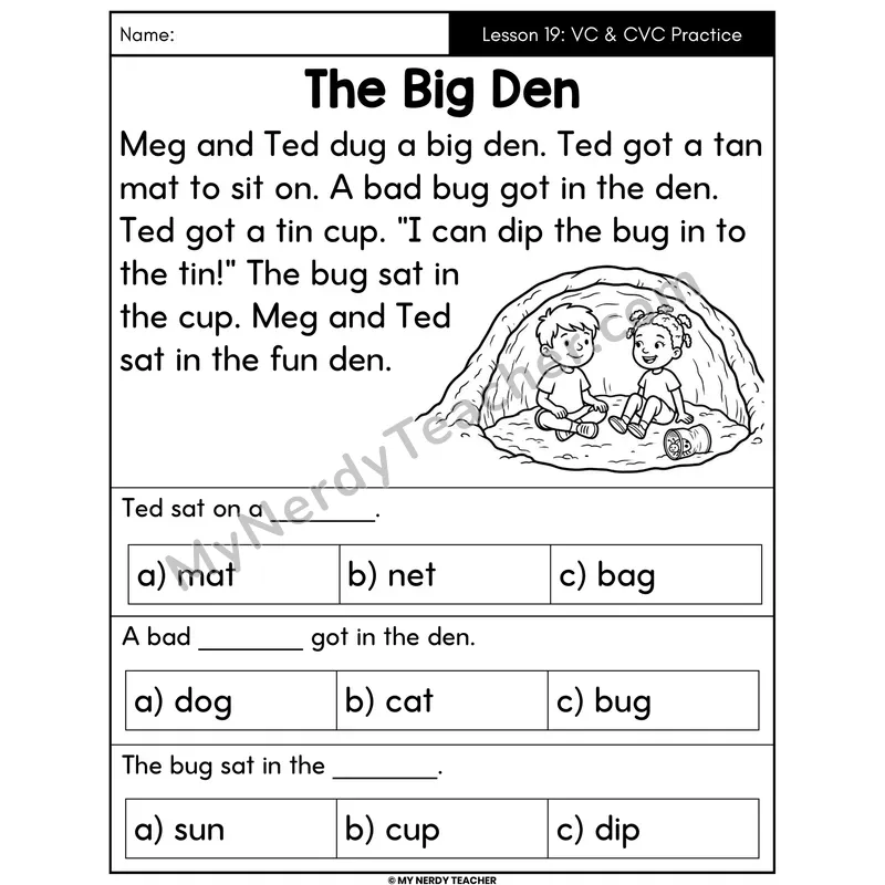 VC and CVC Practice Decodable Passage - The Big Den (Multiple Choice)