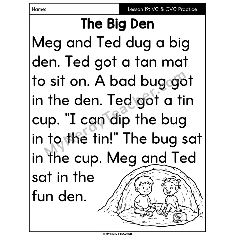 VC and CVC Practice Decodable Passage - The Big Den (Large Print)