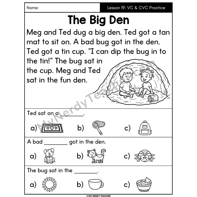VC and CVC Practice Decodable Passage - The Big Den (Picture Choices)