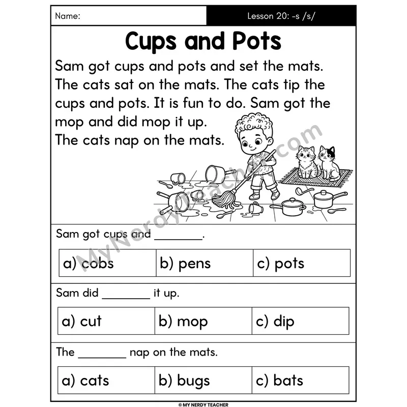 Suffix -s /s/ Decodable Passage - Cups and Pots (Multiple Choice)