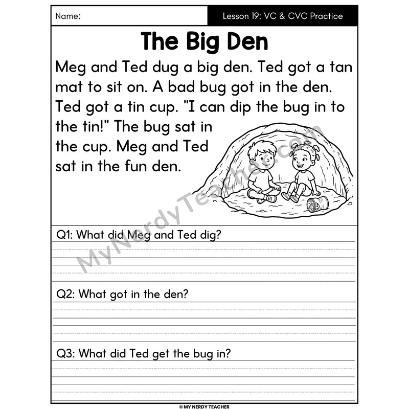 VC and CVC Practice Decodable Passage - The Big Den (Written Answers)