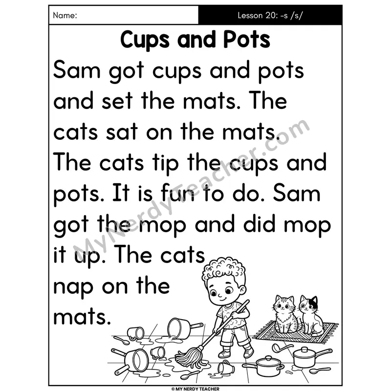 Suffix -s /s/ Decodable Passage - Cups and Pots (Large Print)