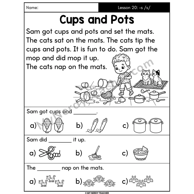 Suffix -s /s/ Decodable Passage - Cups and Pots (Picture Choices)