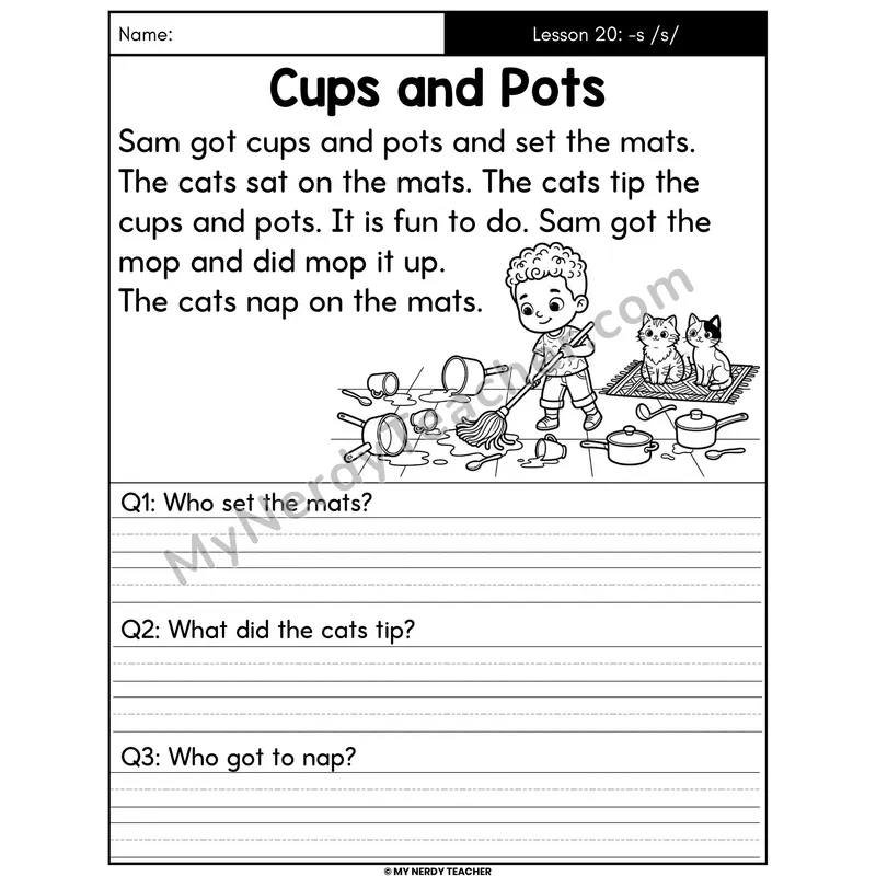 Suffix -s /s/ Decodable Passage - Cups and Pots (Written Answers)