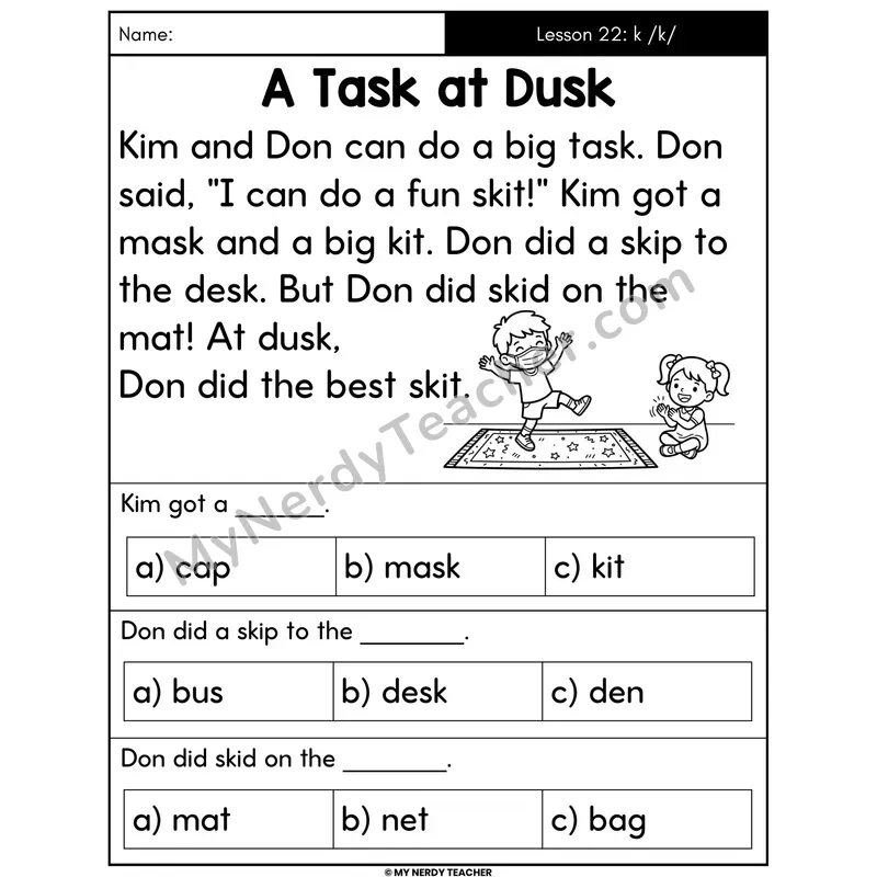 Letter K Sound Decodable Passage - A Task at Dusk (Multiple Choice)
