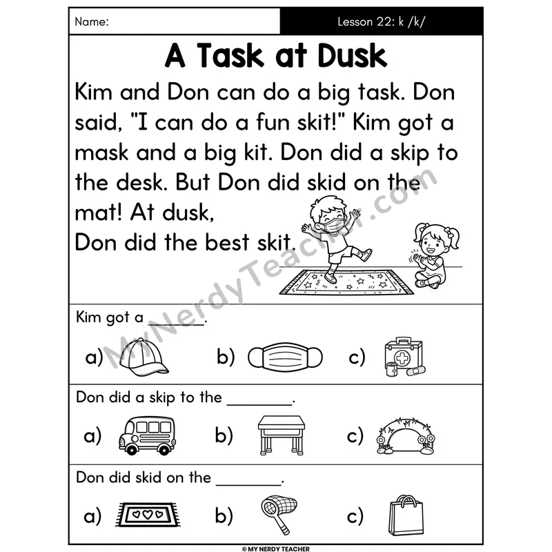 Letter K Sound Decodable Passage - A Task at Dusk (Picture Choices)