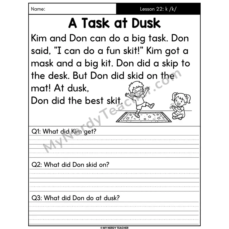Letter K Sound Decodable Passage - A Task at Dusk (Written Answers)