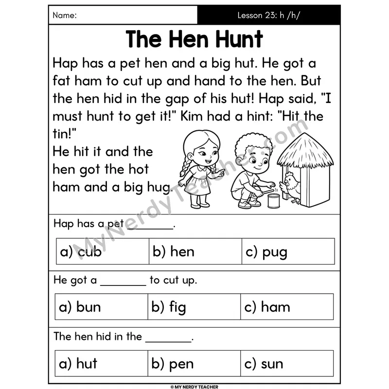 Letter H Sound Decodable Passage - The Hen Hunt (Multiple Choice)