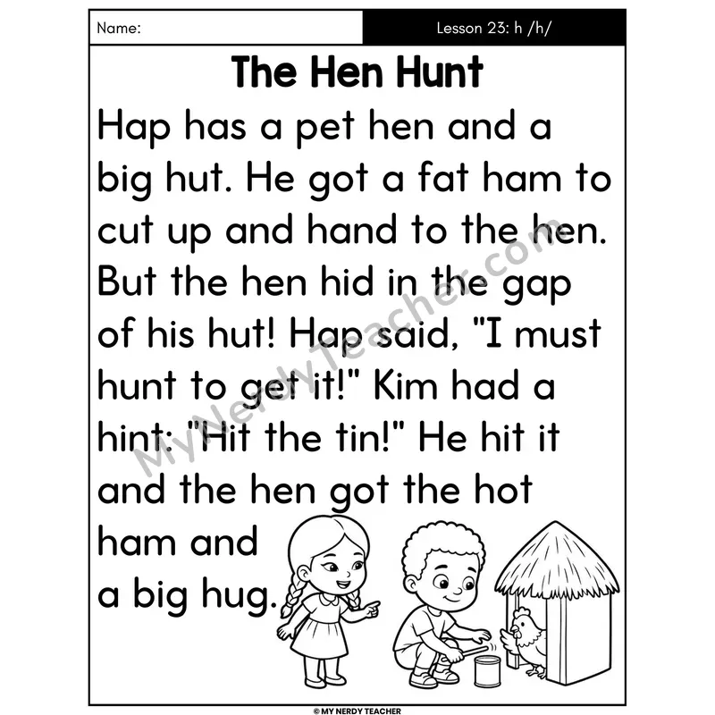 Letter H Sound Decodable Passage - The Hen Hunt (Large Print)