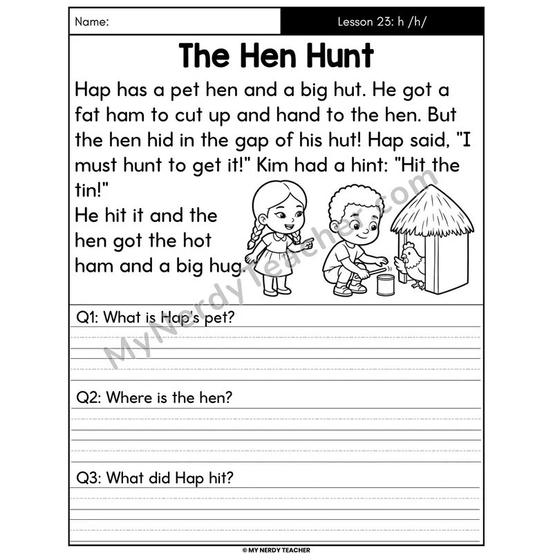 Letter H Sound Decodable Passage - The Hen Hunt (Written Answers)