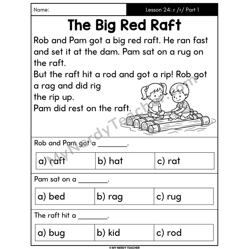 Letter R Sound Part 1 Decodable Passage - The Big Red Raft (Multiple Choice)