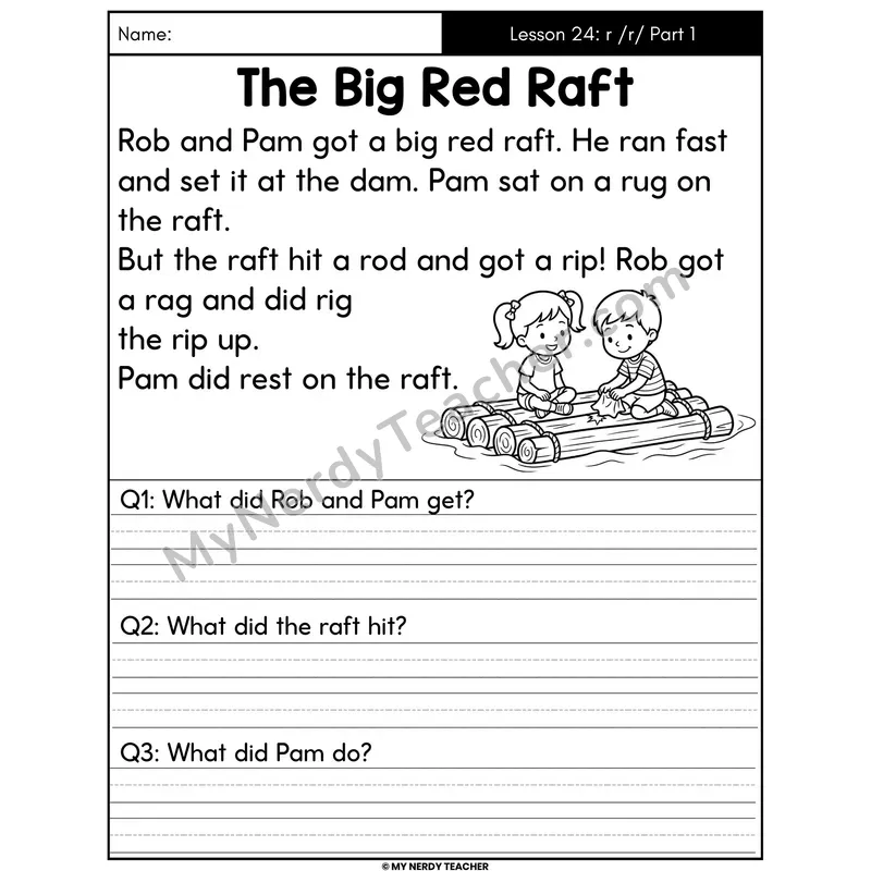 Letter R Sound Part 1 Decodable Passage - The Big Red Raft (Written Answers)