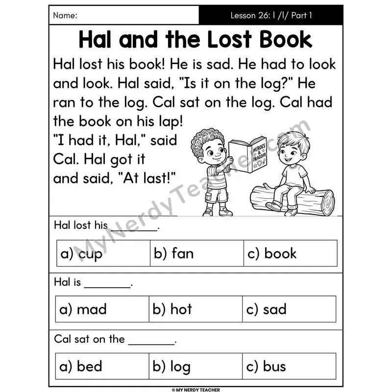 Letter L Sound Part 1 Decodable Passage - Hal and the Lost Book (Multiple Choice)