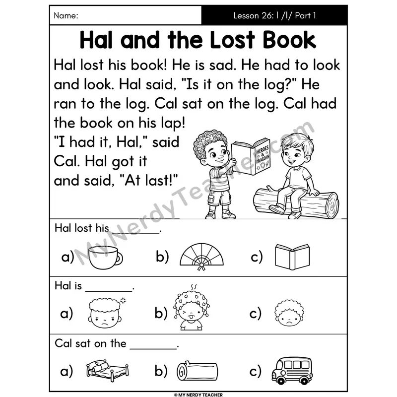 Letter L Sound Part 1 Decodable Passage - Hal and the Lost Book (Picture Choices)