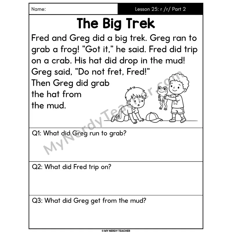 Letter R Sound Part 2 Decodable Passage - The Big Trek (Answer Boxes)